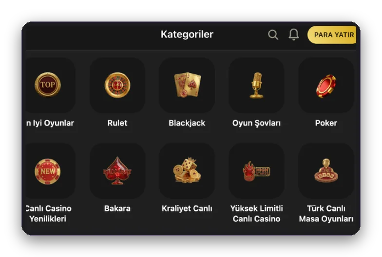 Rulet ve poker simgeli menü Önizleme: rulet, blackjack, oyun programı ve poker simgeleriyle casino kategori menüsü