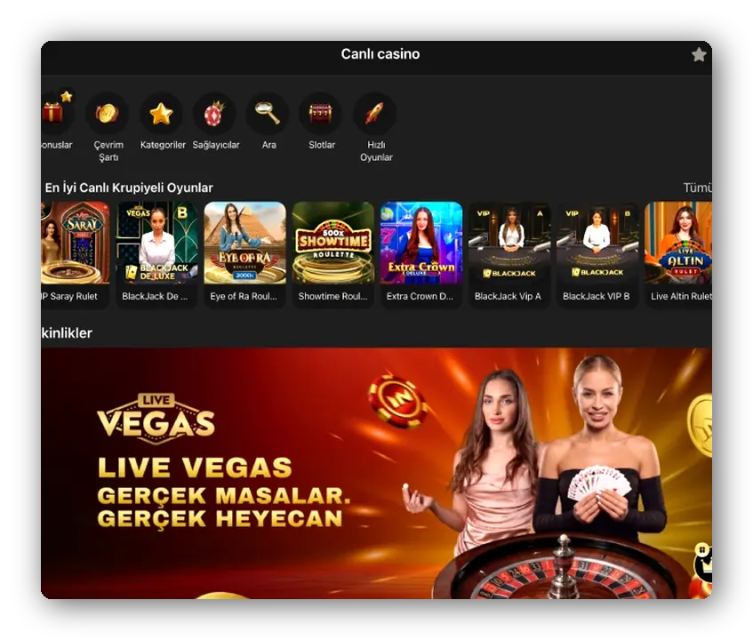 Live casino entry page Preview of a live casino entry page with a list of popular live games and a promo banner