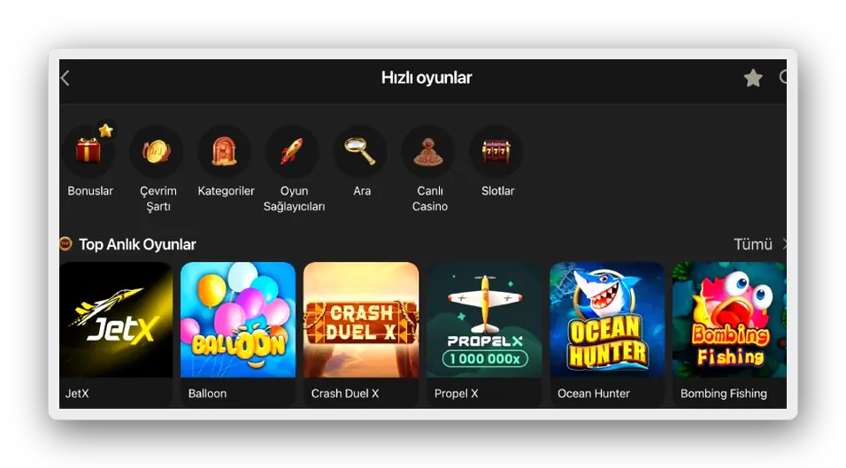 JetX and Propeller row Preview of a quick games row with JetX, Balloon, Crash Duel X and Propeller tiles
