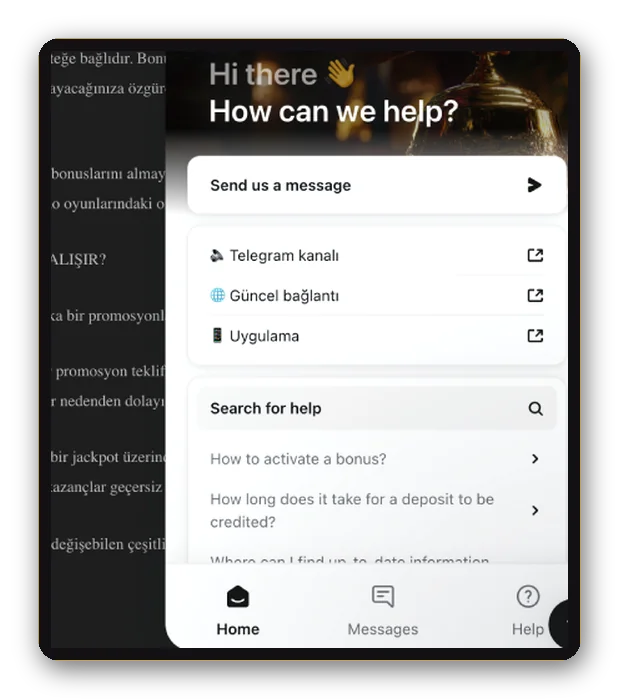 Chat box with message field Preview of a support chat window with a message box and a few help links