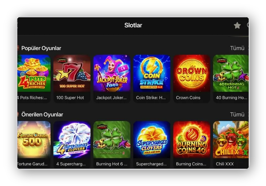 Recommended slot rows Preview of popular and recommended slot rows including hold and win titles