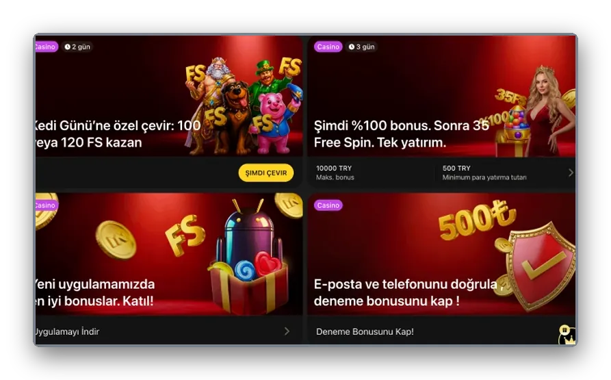 Spin event and trial cards Preview of promo cards for a themed spin tournament, deposit bonus, app deal and trial bonus